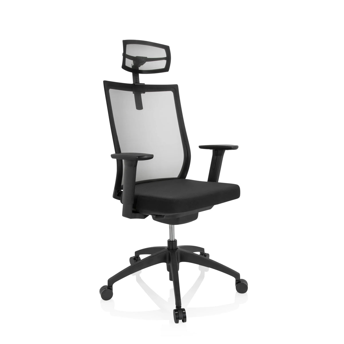 Siège de bureau de qualité professionnelle ASPEN PRO noir, dossier maille, appuie-tête et base à roulettes de hjh OFFICE – vue à 360° (vue de trois quarts avant 40°)