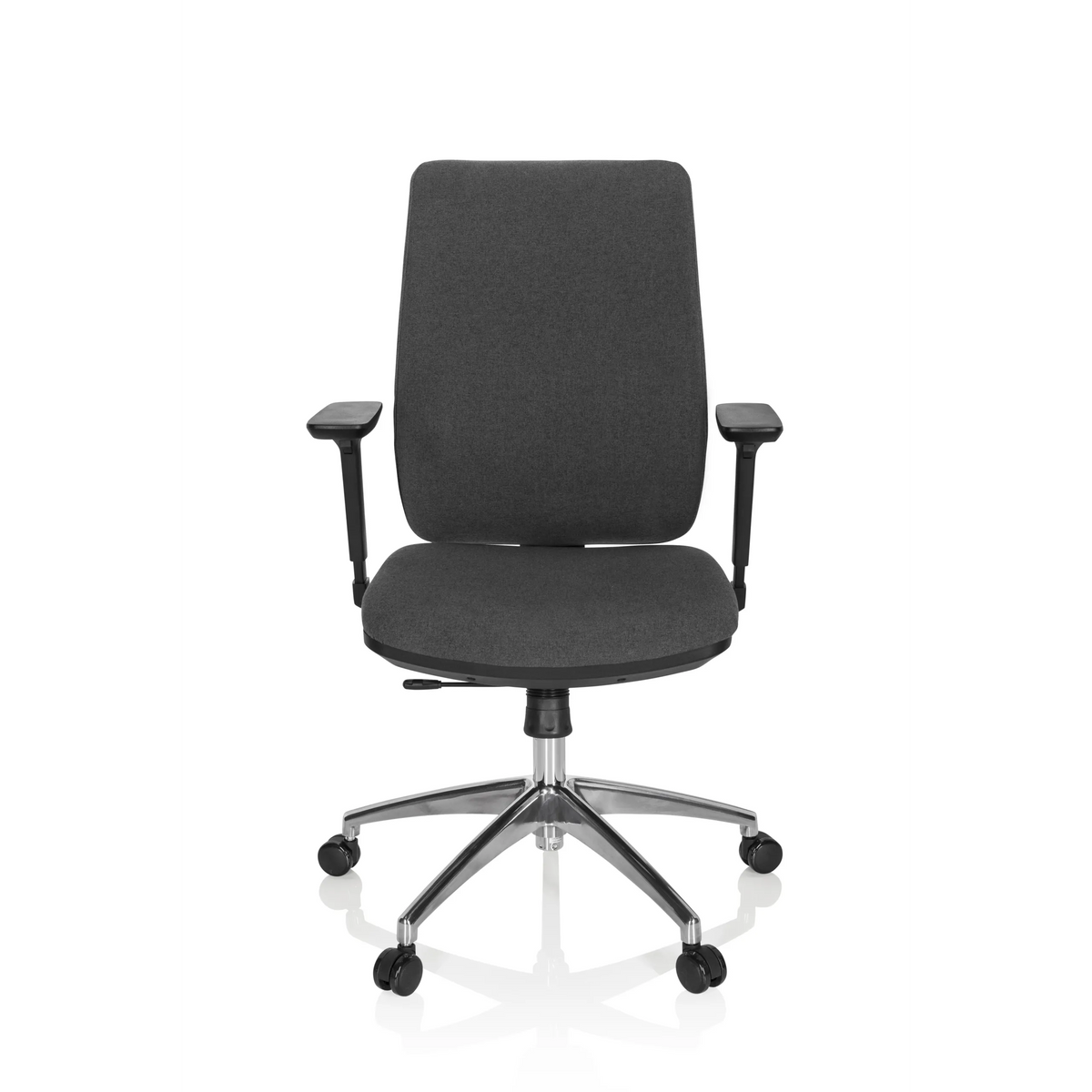 Siège de bureau de qualité professionnelle INTEGRIO I gris foncé avec accoudoirs et base à cinq roulettes de hjh OFFICE – vue à 360° (vue de face 0°)