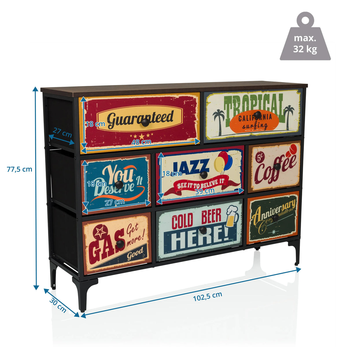 Vue dimensionnelle de la Commode AMERIKO B avec 102,5 × 77,5 cm et six tiroirs à motifs de hjh LIVING