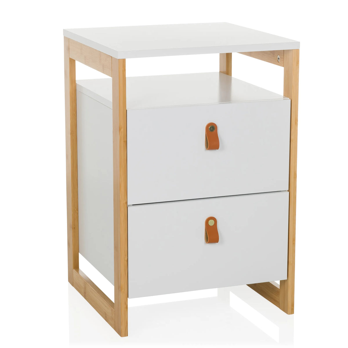 Table d'appoint blanche TAROLO III avec deux tiroirs et poignées en cuir marron de hjh LIVING – vue à 360° (vue de face 15°)