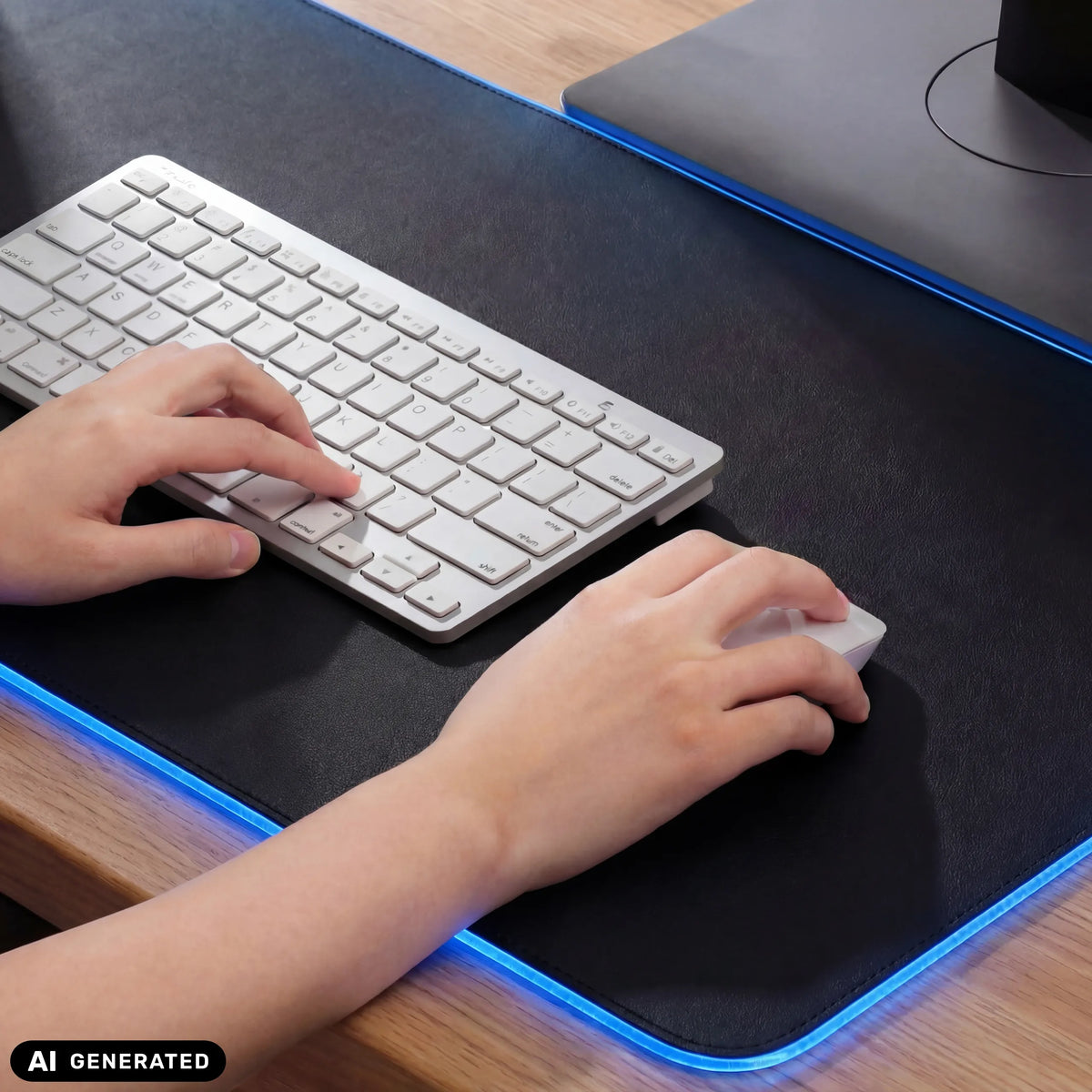 Sous-main de bureau Padflux Game noir avec bordure bleue lumineuse, clavier et souris de hjh OFFICE (image générée par IA)
