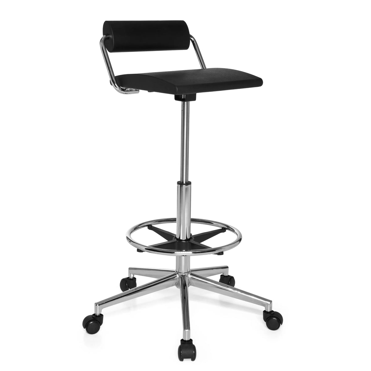 Tabouret pivotant noir TOP WORK 28 avec repose-pieds et piètement à cinq roulettes de hjh OFFICE – vue à 360° (vue de trois quarts avant 40°)
