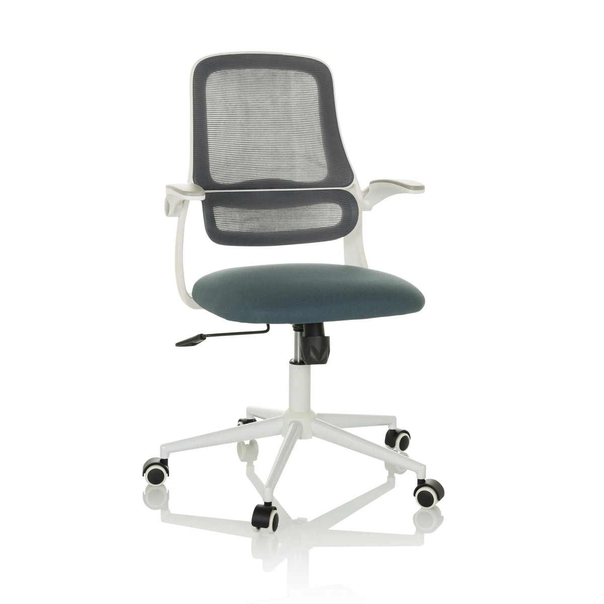 Siège de bureau à domicile MIKO W ECO gris avec dossier en maille et piètement blanc à cinq roulettes de hjh OFFICE – vue à 360° (vue de face 15°)