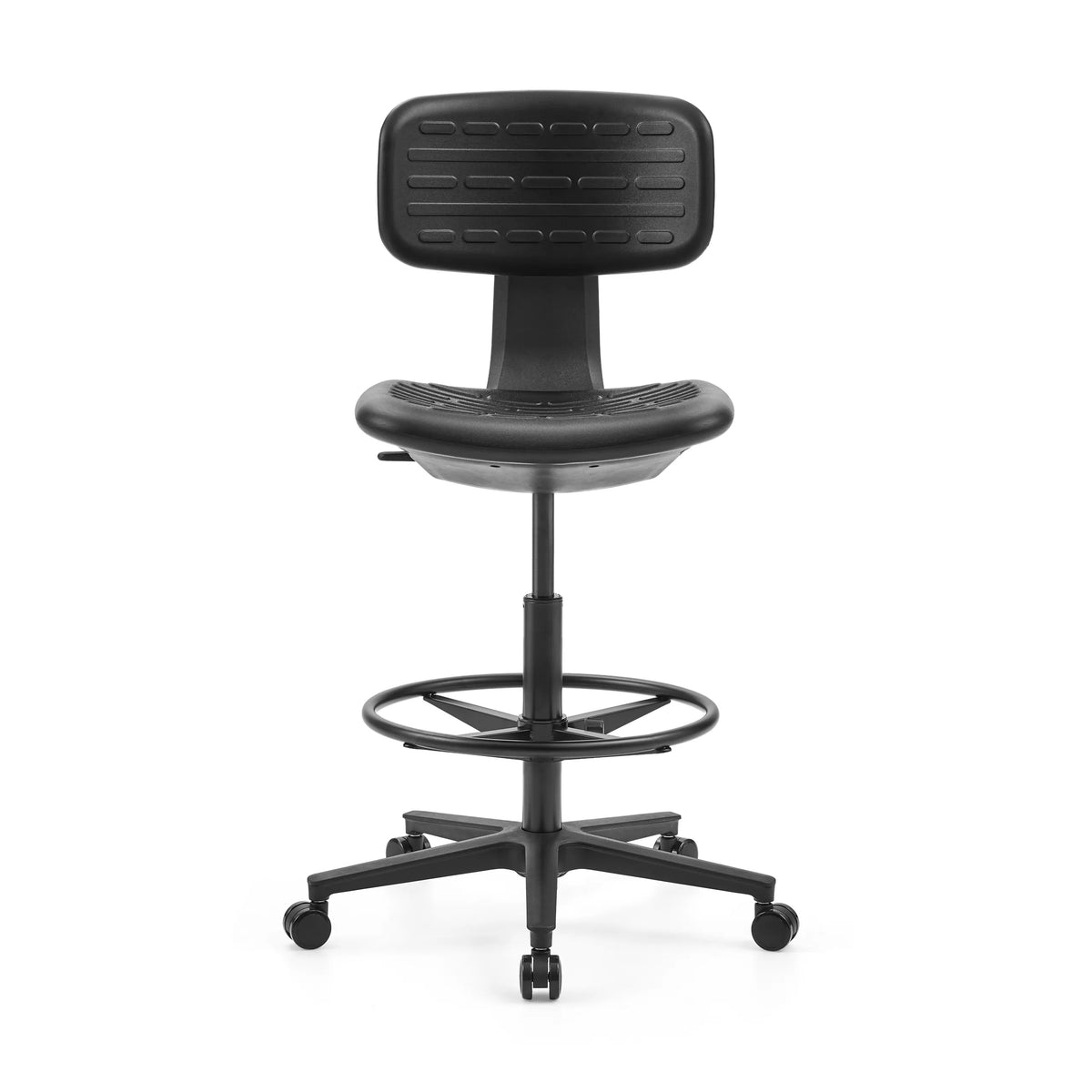 Chaise de comptoir TOP WORK B noire avec repose-pieds et base à cinq roulettes de hjh OFFICE – vue à 360° (vue de face 0°)