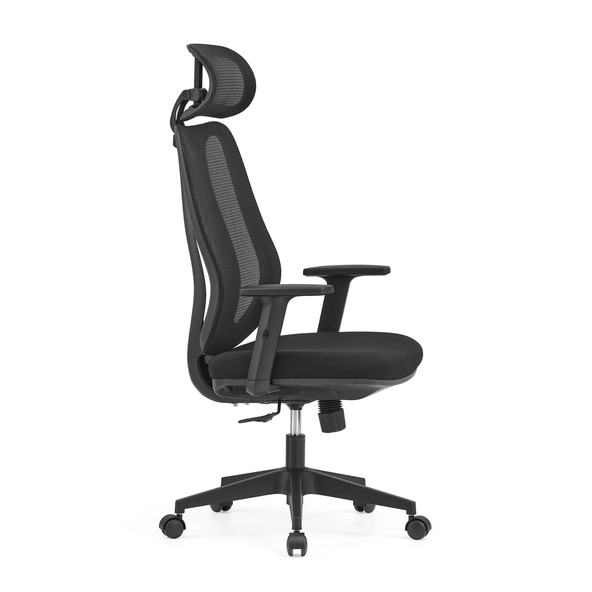 Siège de bureau de qualité professionnelle Filaro noir avec dossier en maille, appui-tête et piètement à cinq roulettes de hjh OFFICE – vue à 360° (vue de profil 75°)