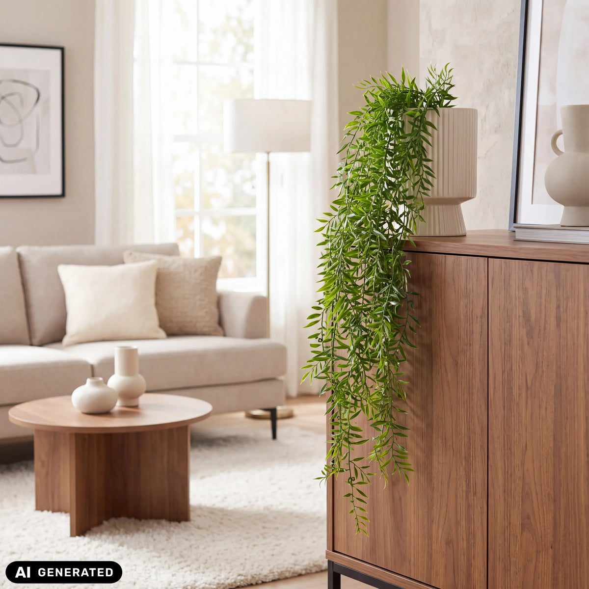 Plante verte Filix dans un vase blanc sur un buffet dans un salon lumineux de hjh OFFICE