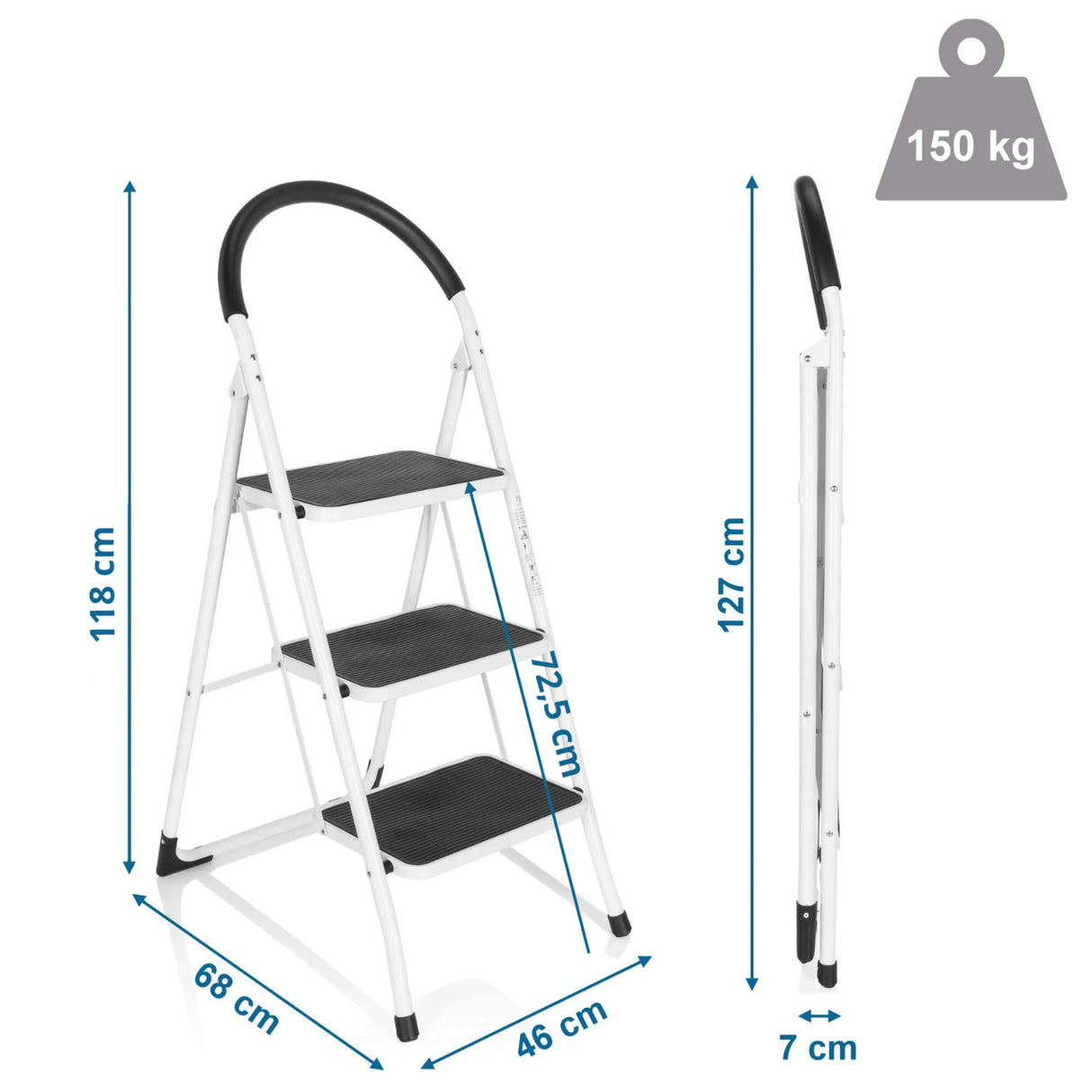 Vue dimensionnelle de l'Échelle pliante SOLID W2 d'une hauteur de 118 cm et d'une charge maximale de 150 kg de hjh OFFICE