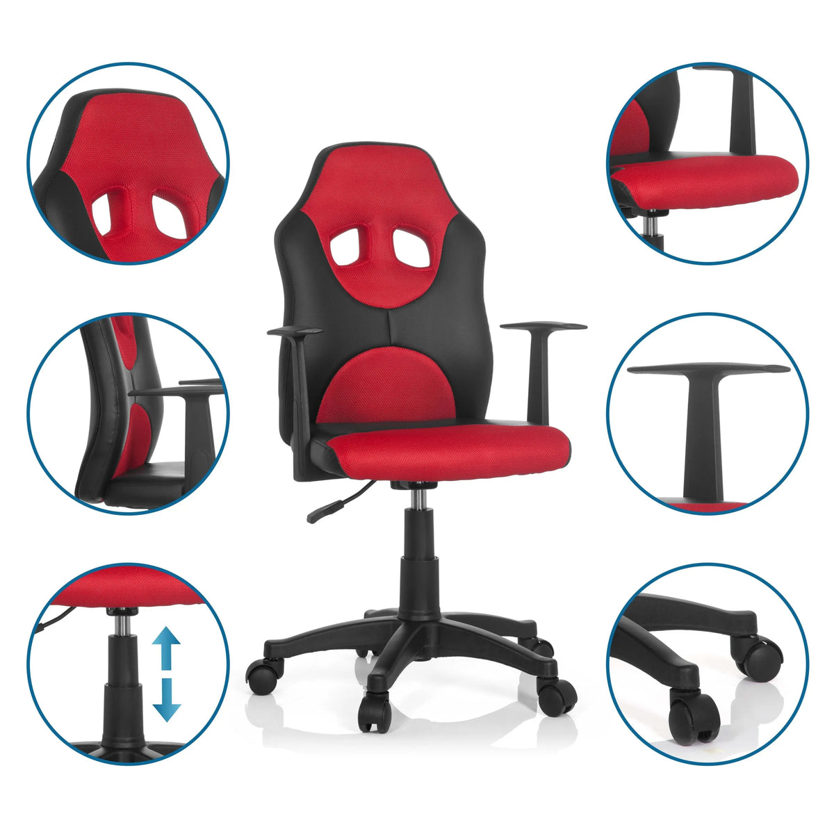 Chaise pivotante pour des enfants KID GAME AL en noir-rouge avec vues détaillées du dossier, de l'accoudoir et du vérin à gaz de hjh OFFICE