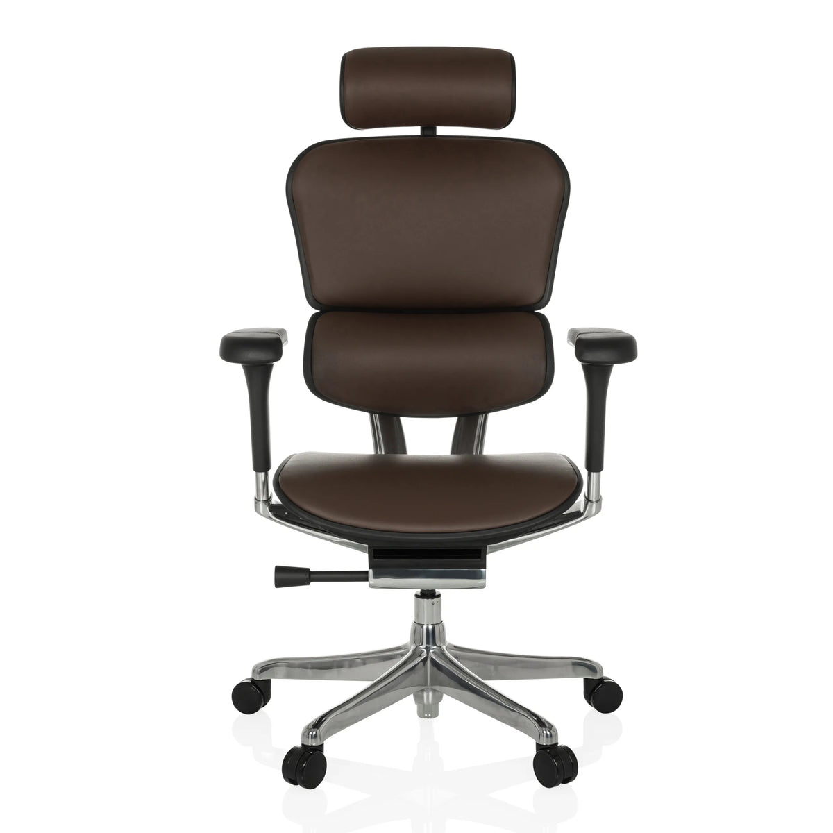 Siège de direction de luxe ERGOHUMAN GEN2 en cuir marron foncé avec pied en étoile et cinq roulettes de hjh OFFICE – vue à 360° (vue de face 0°)