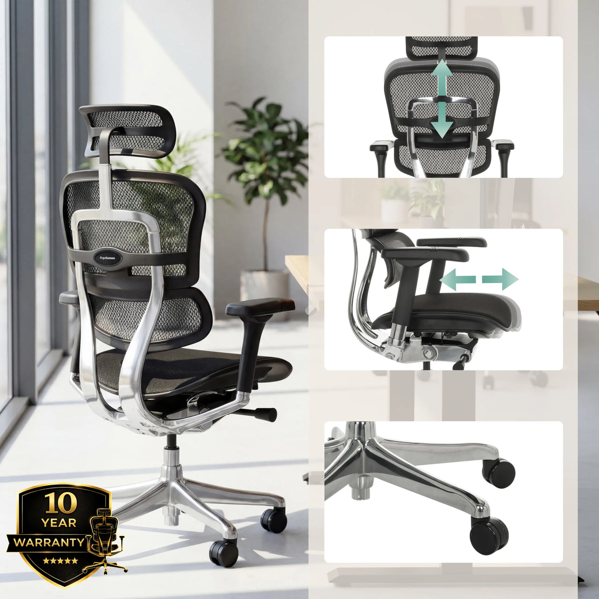 Siège de direction de luxe ERGOHUMAN GEN2 avec appuie-tête réglable, accoudoirs et roulettes de hjh OFFICE (image générée par IA)