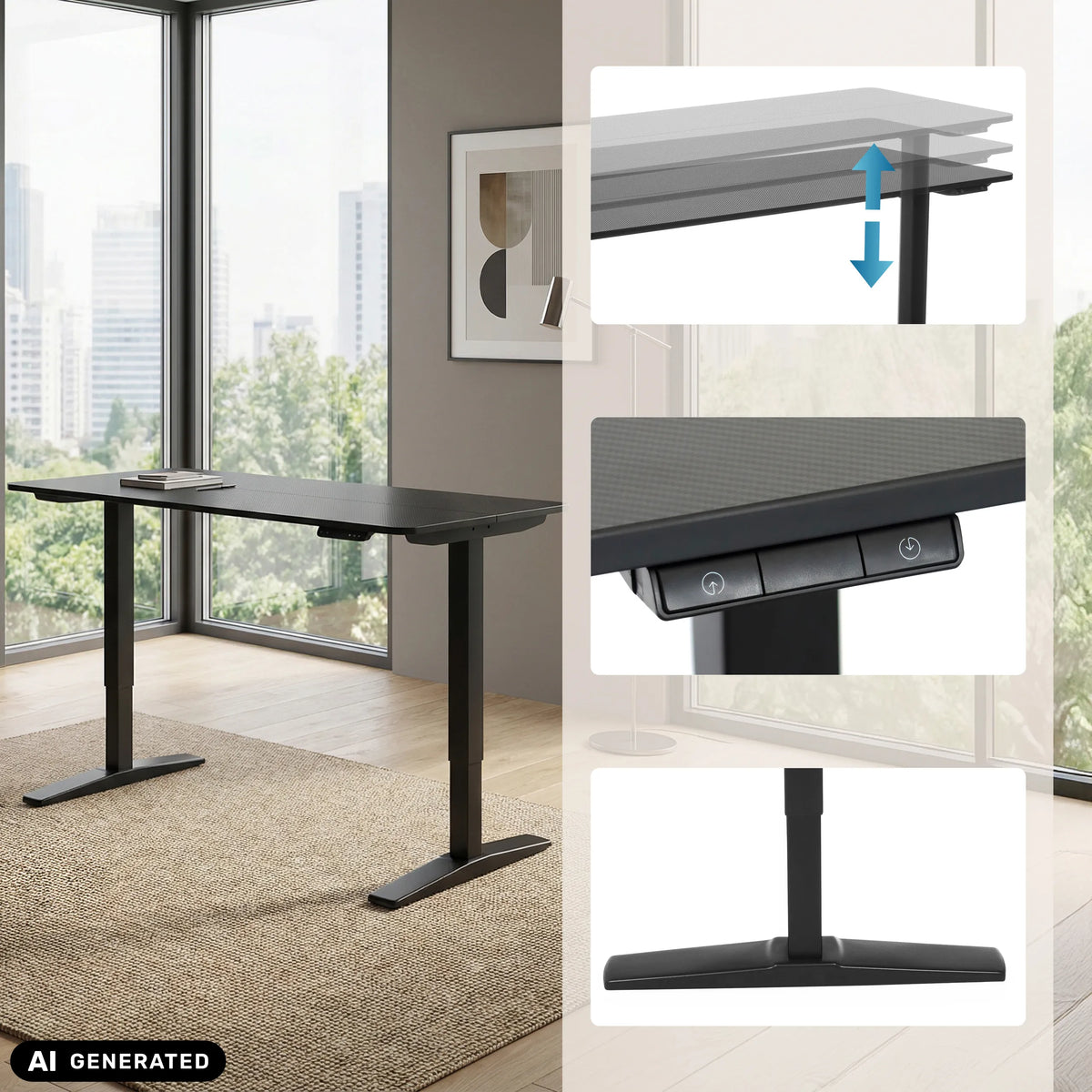 Bureau réglable en hauteur électriquement STAND CARBON en noir de hjh OFFICE (image générée par IA)