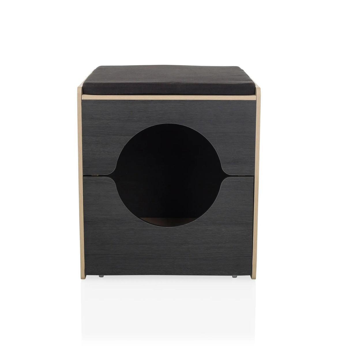 Maison pour chat KITTY PAWBOX 2 noire avec ouverture ronde et détails aspect chêne de hjh LIVING – vue à 360° (vue de face 0°)