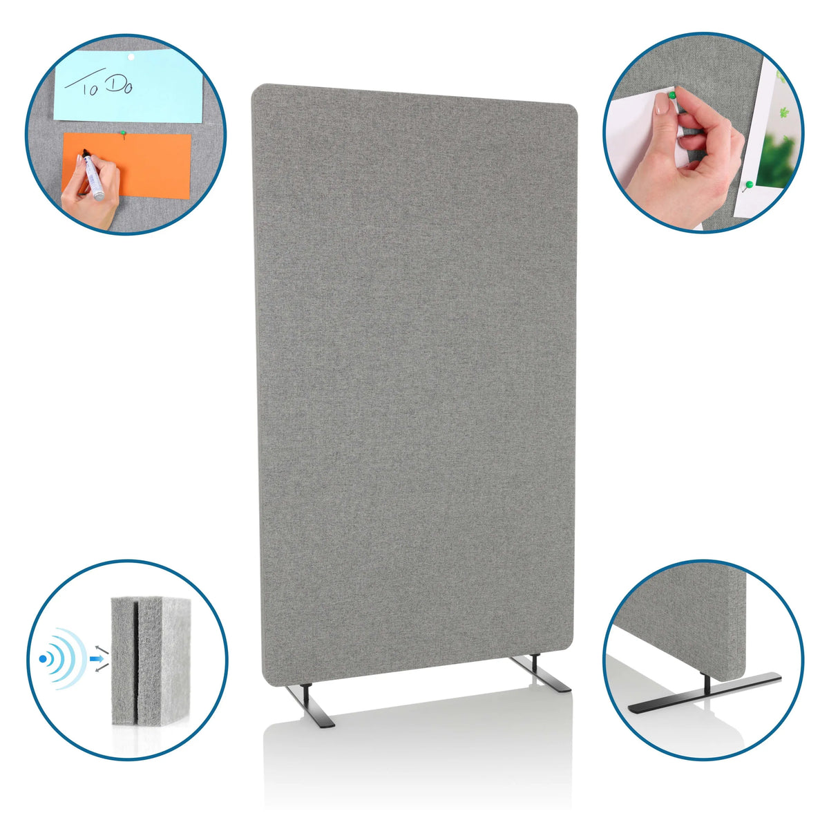 Cloison de séparation FLEXMIUT STAND gris clair avec pieds et surface épinglable pour l'absorption acoustique de hjh OFFICE