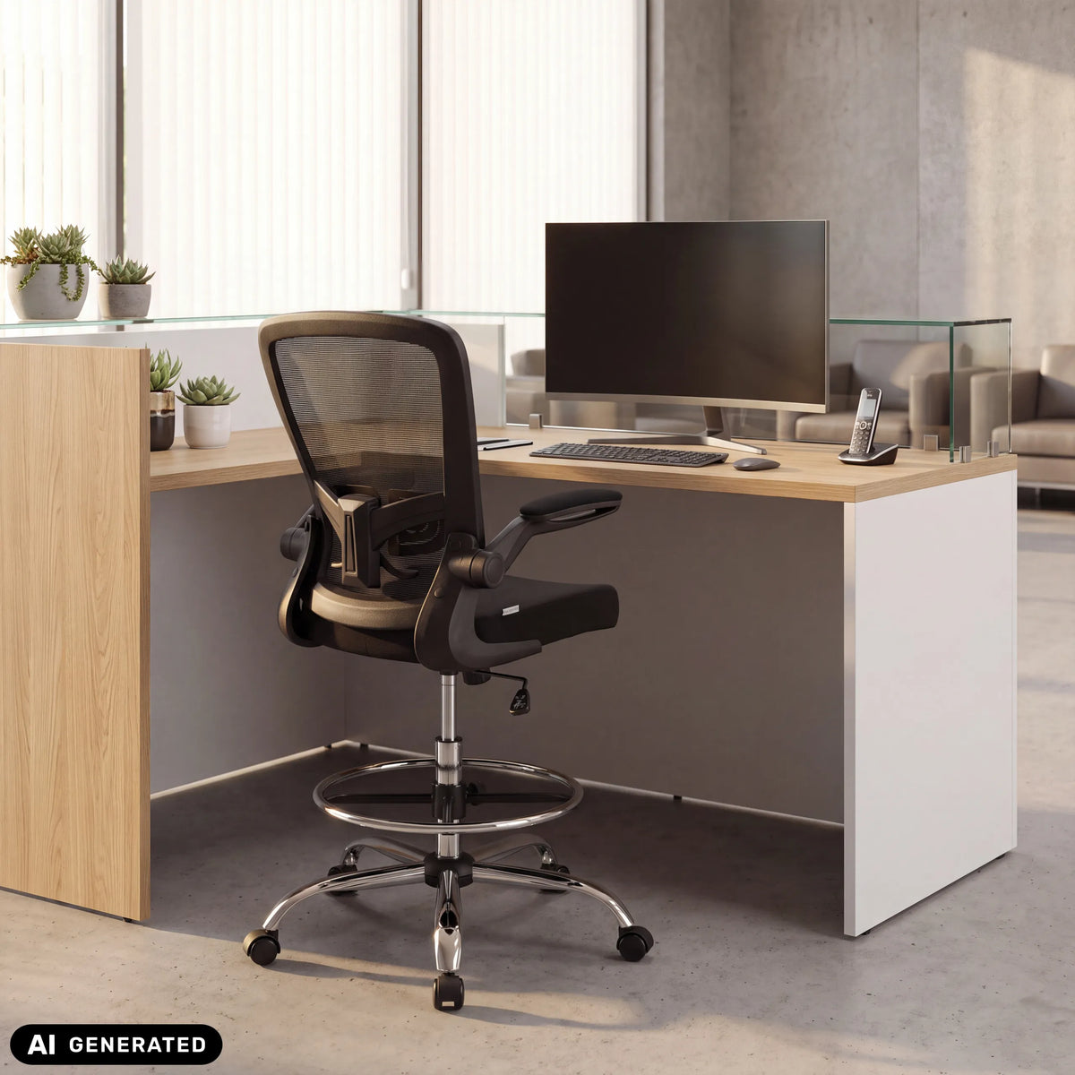 Chaise de comptoir VENDO WORK noire avec repose-pieds à un bureau de hjh OFFICE (image générée par IA)