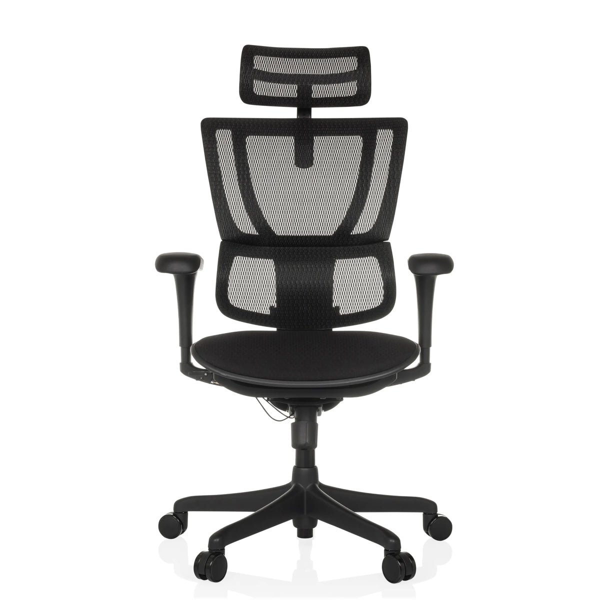 Siège de direction de luxe ERGOHUMAN SLIM ECO F GEN2 noir avec dossier en maille et base à cinq roulettes de hjh OFFICE – vue à 360° (vue de face 0°)