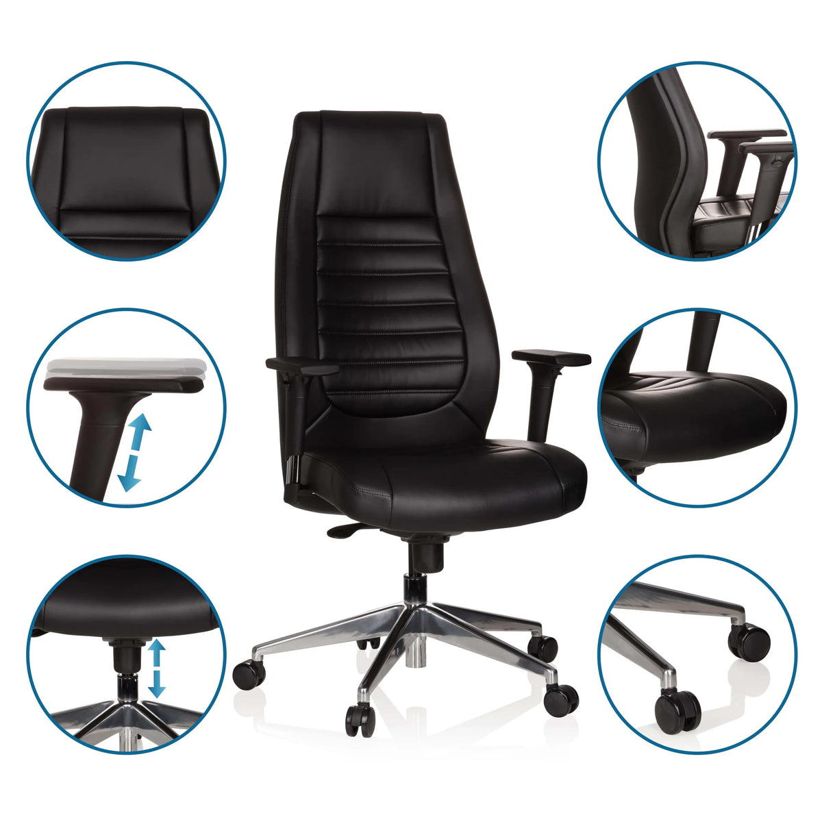 Siège de direction VITORO noir avec détails des accoudoirs, de la hauteur d'assise et des roulettes de hjh OFFICE