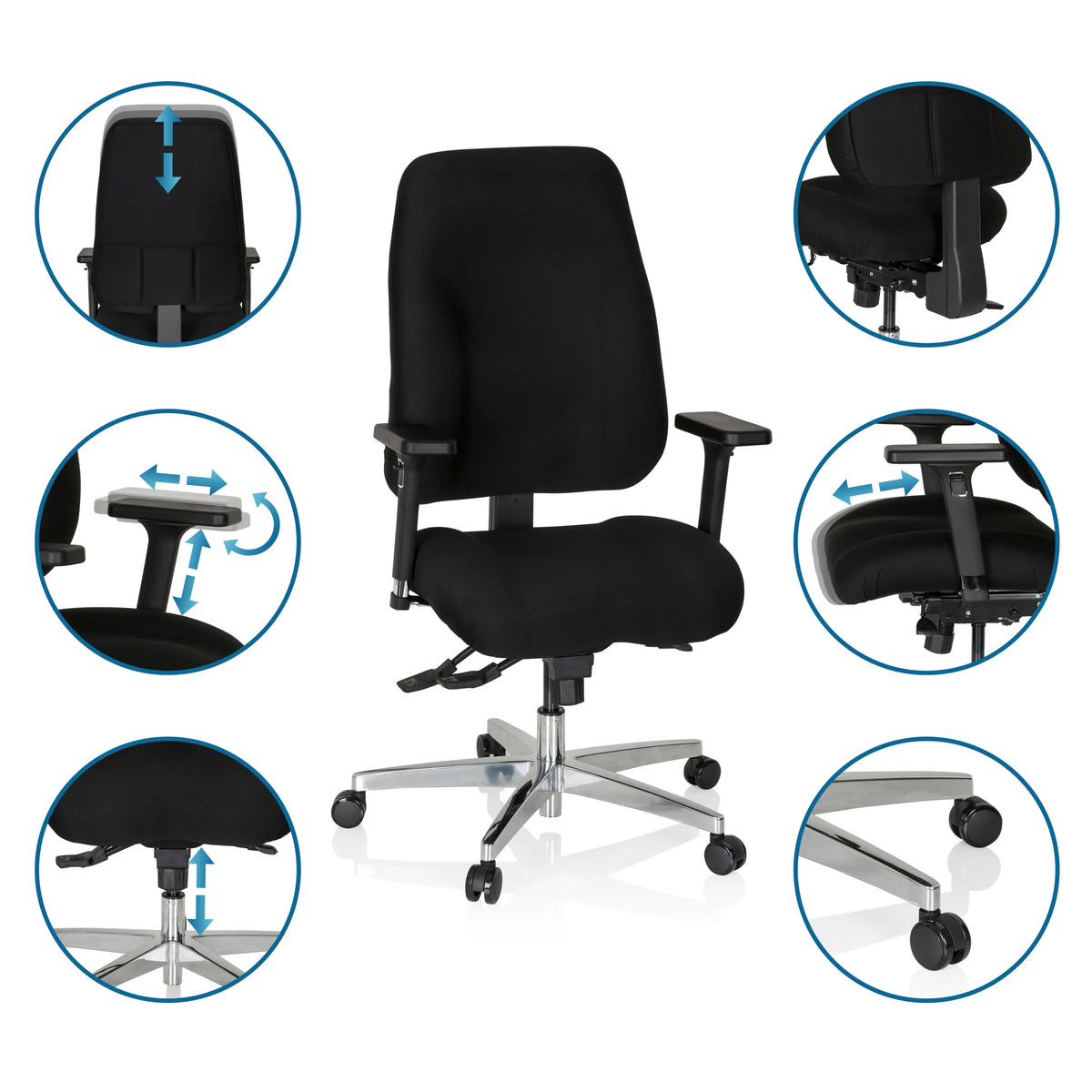 Fonctions réglables du Siège de bureau de qualité professionnelle ZENIT COMFORT en noir avec roulettes et accoudoirs de hjh OFFICE