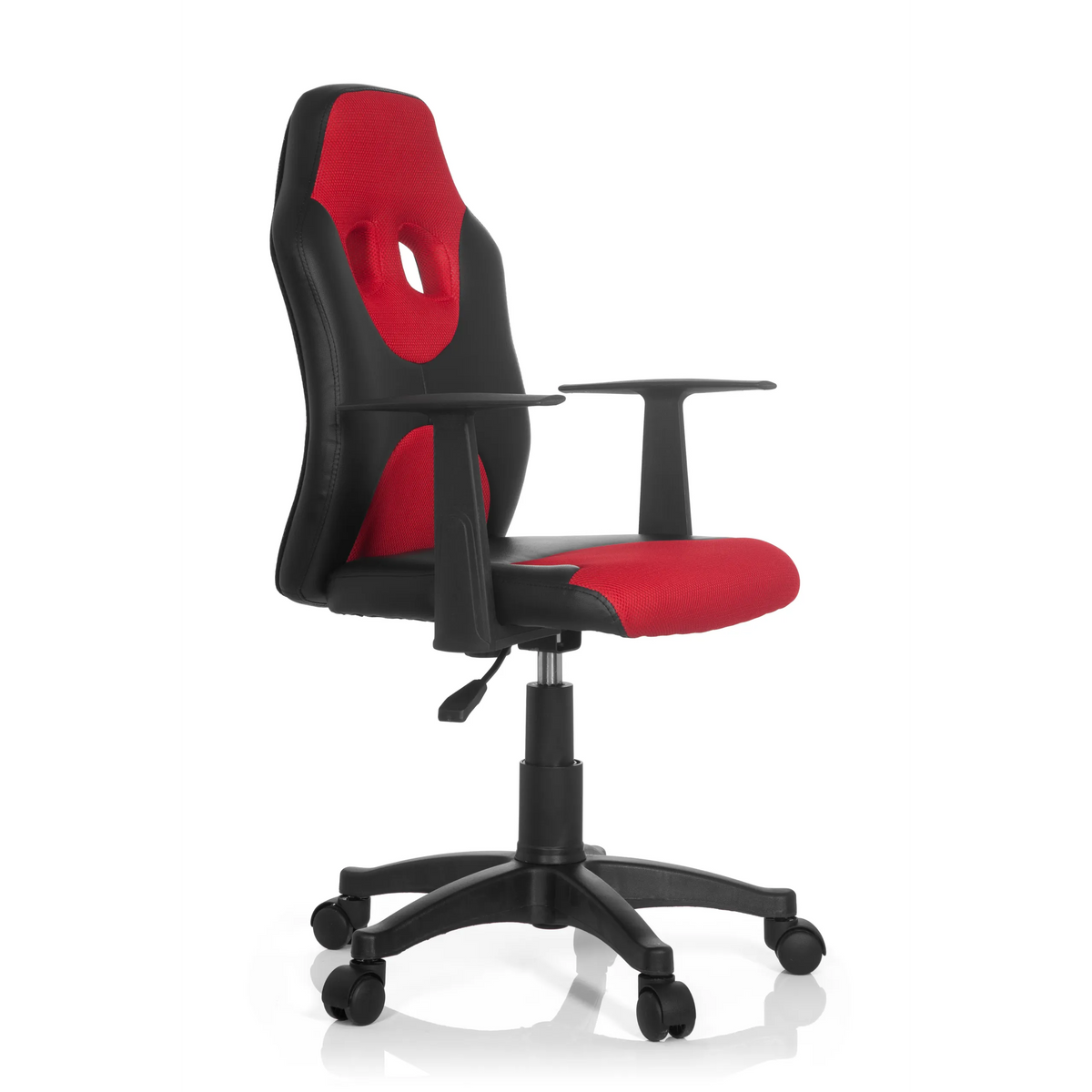 Chaise pivotante pour des enfants KID GAME AL noir et rouge avec revêtement en maille et base à cinq roulettes de hjh OFFICE – vue à 360° (vue de trois quarts avant 60°)