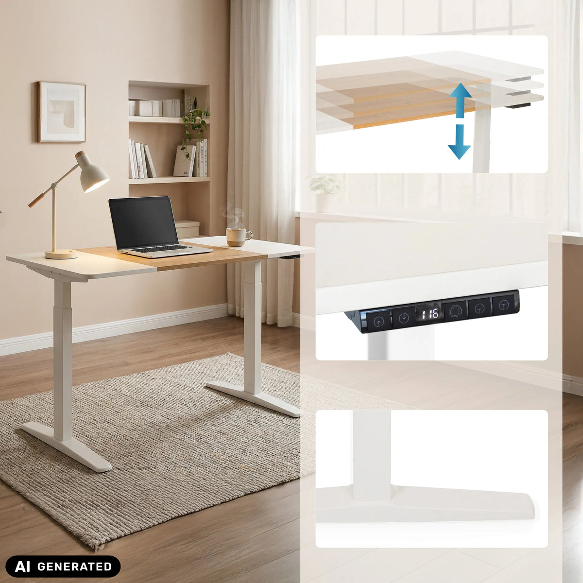 Bureau réglable en hauteur électriquement STAND T3 en blanc et chêne avec panneau de commande de hjh OFFICE (image générée par IA)