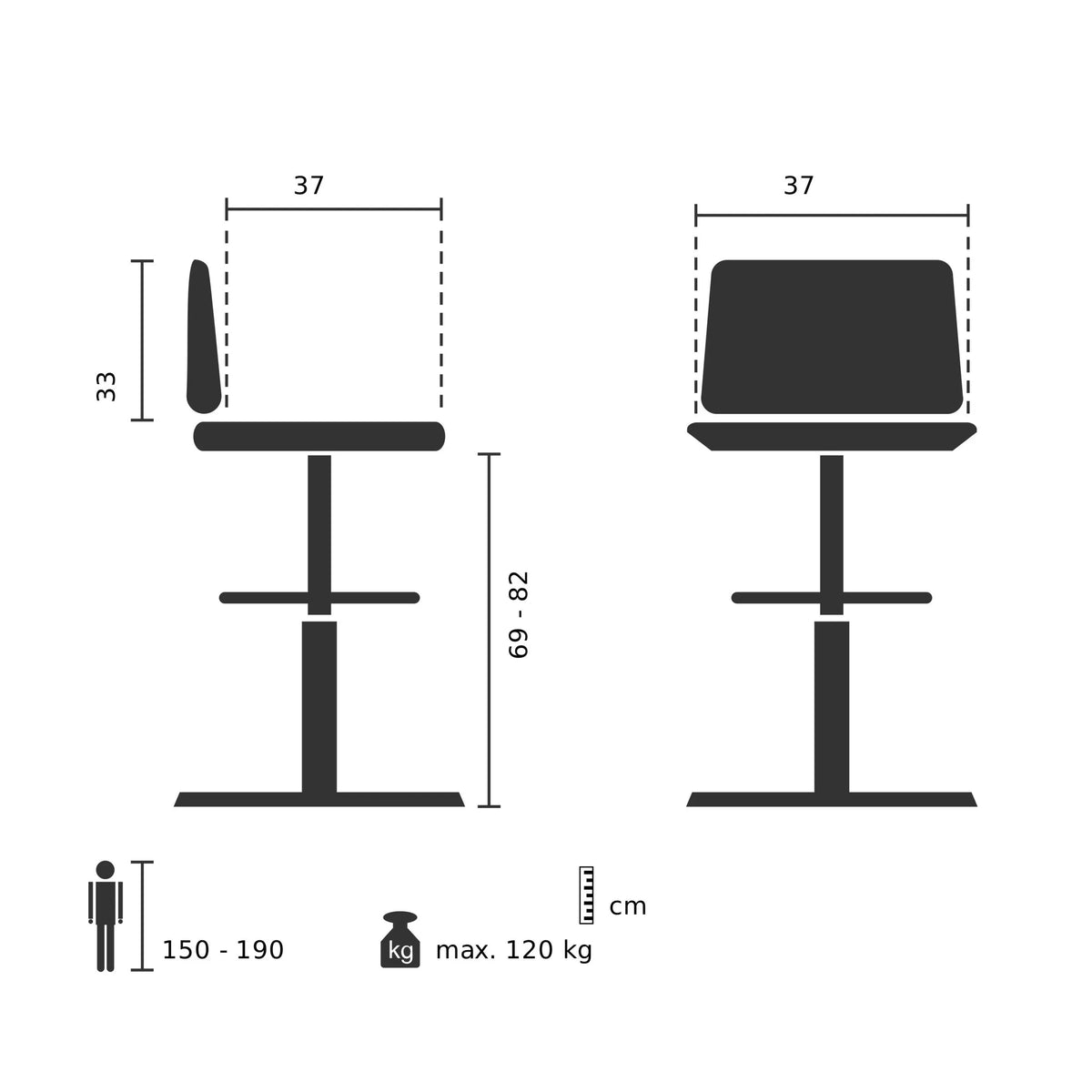 Dessin technique du Tabouret de bar DISC HIGH avec une hauteur d'assise de 69 à 82 cm de hjh OFFICE
