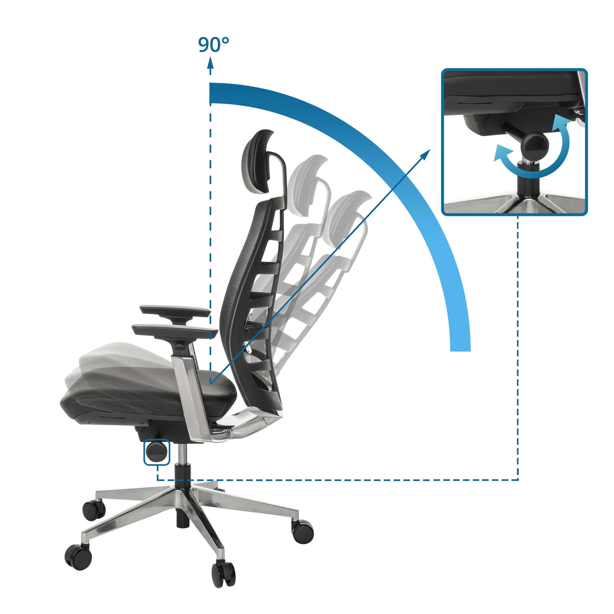 Mécanisme d'inclinaison avec angle de réglage de 90 degrés du Siège de bureau haut de gamme SPINIO ELITE L de hjh OFFICE