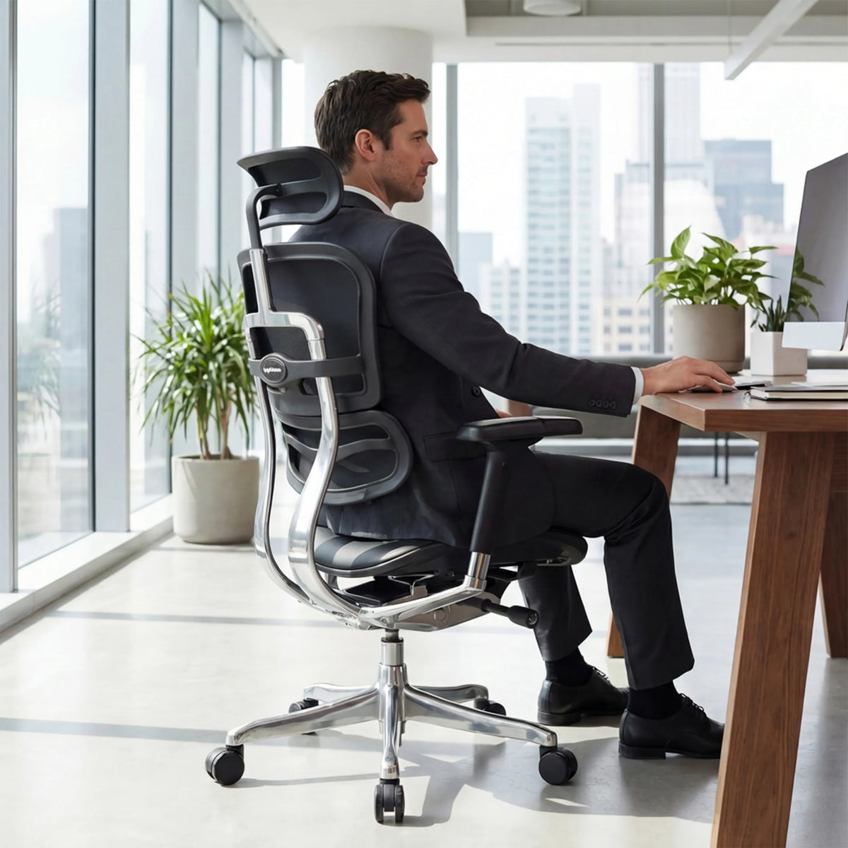 Siège de direction de luxe ERGOHUMAN GEN2 en noir avec revêtement en cuir et pied en étoile en métal brillant de hjh OFFICE