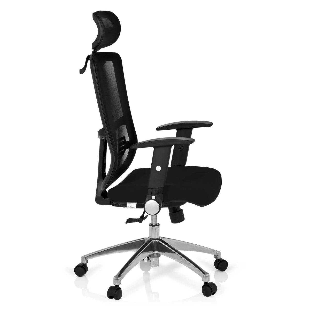 Siège de bureau de qualité professionnelle CAYEN noir, dossier mesh, appuie-tête et base à 5 roulettes de hjh OFFICE – vue à 360° (vue de profil 80°)