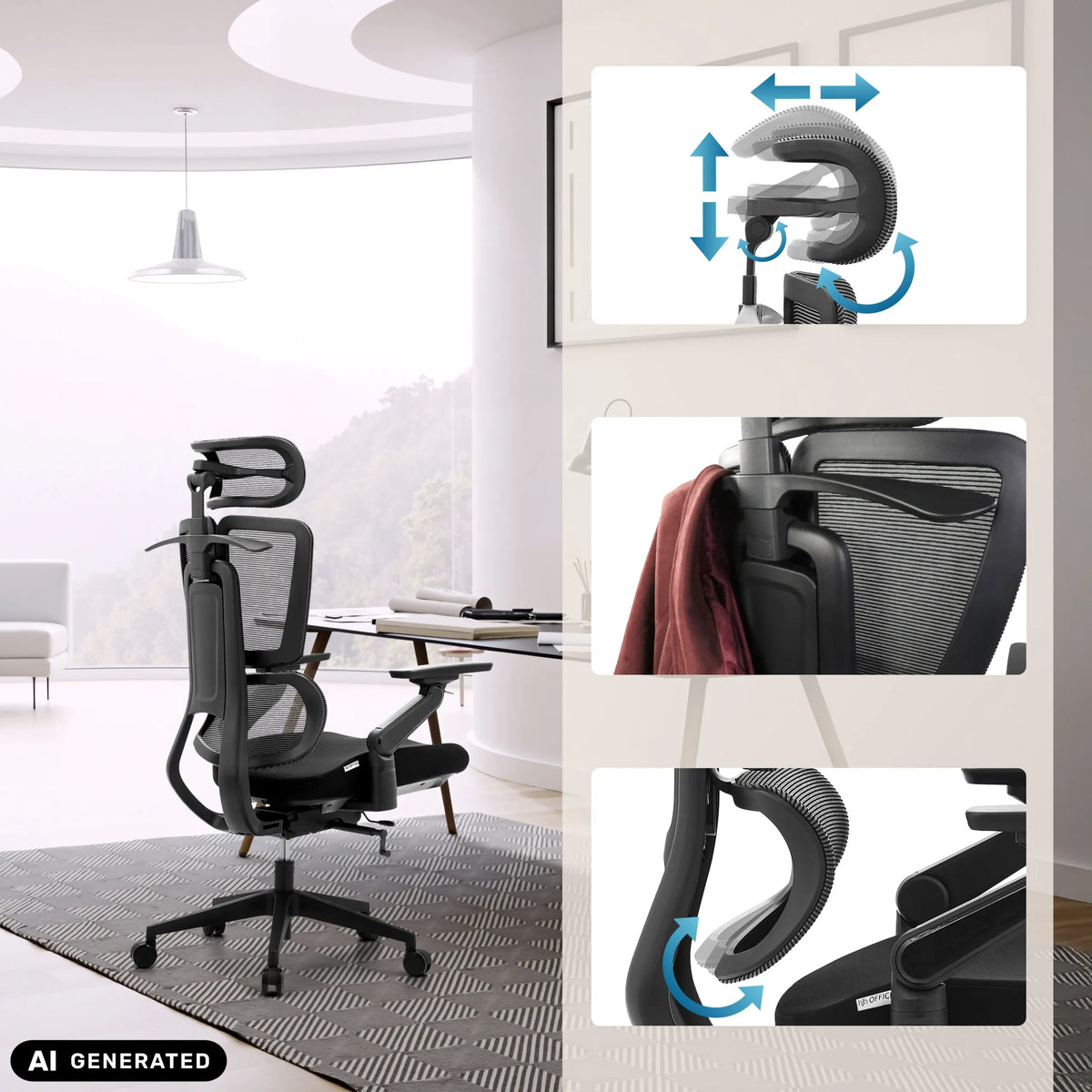 Appui-tête et support lombaire réglables du siège de bureau de qualité professionnelle Ergo U2 Flex3 de hjh OFFICE (image générée par IA)