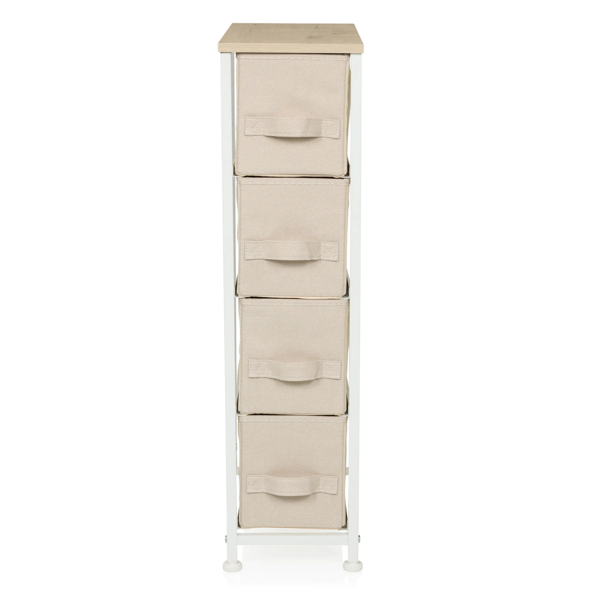 Commode beige FOLDRESS S avec quatre tiroirs en tissu et un plateau en bois clair de hjh LIVING – vue à 360° (vue de face 0°)