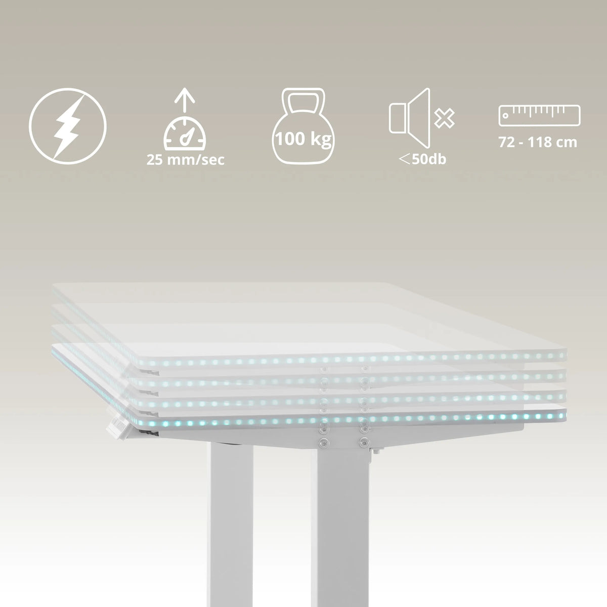 Données techniques du bureau réglable en hauteur électriquement Worktime LED avec une capacité de charge jusqu'à 100 kg de hjh OFFICE