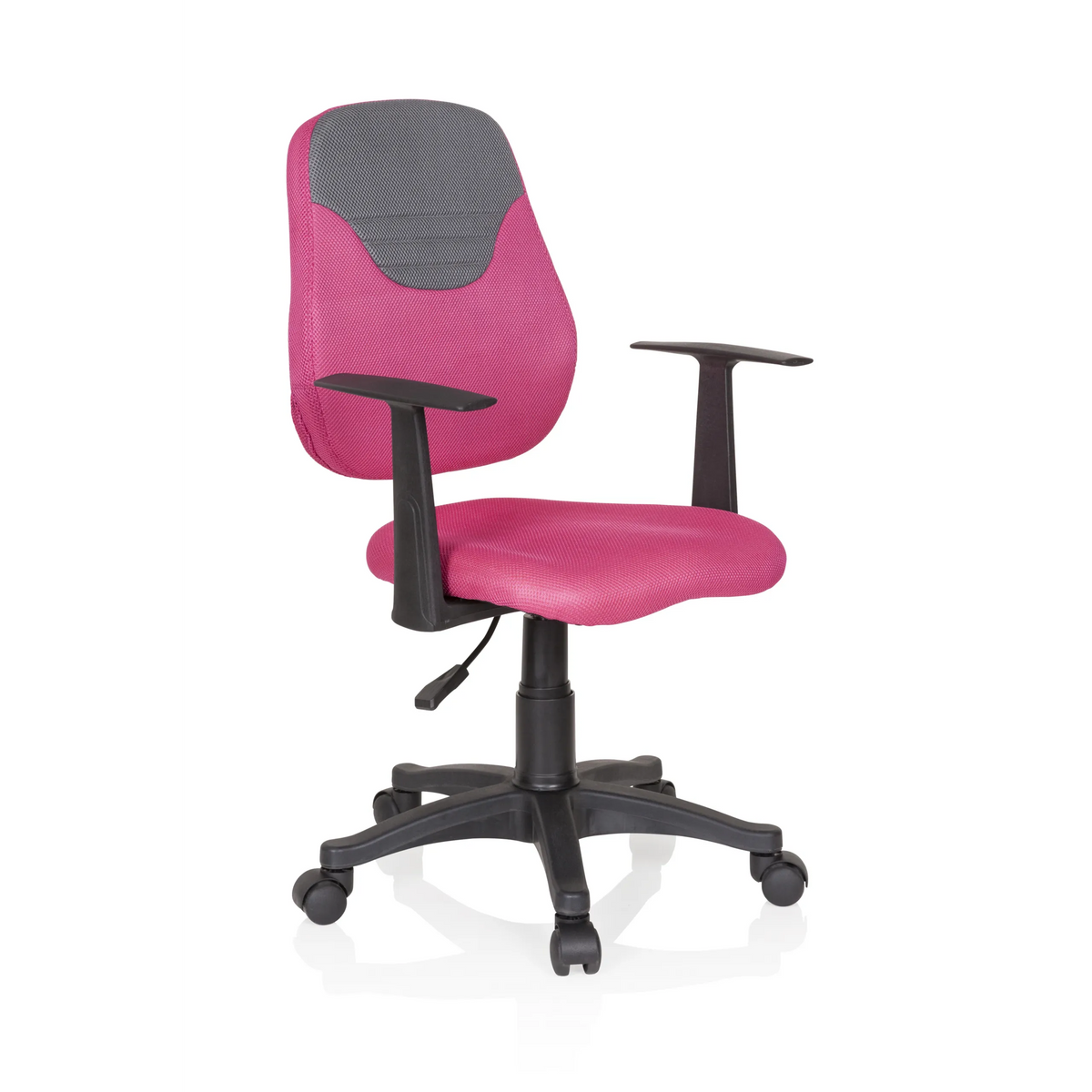 Chaise pivotante pour des enfants KIDDY STYLE rose et grise avec dossier en maille et base à cinq roulettes de hjh OFFICE – vue à 360° (vue de trois quarts avant 40°)