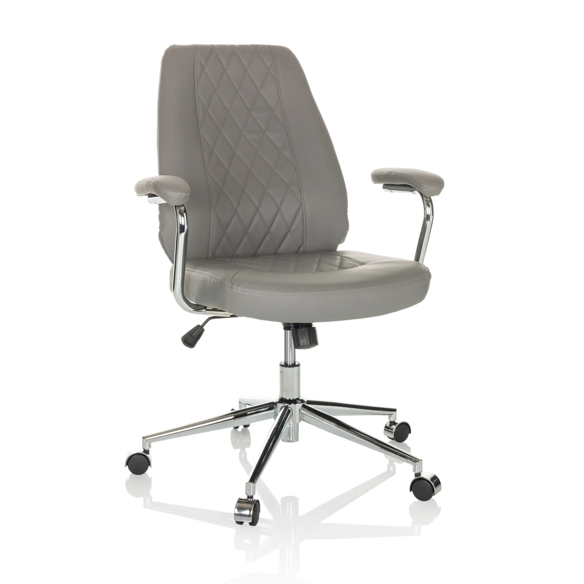 Siège de direction pour bureau à domicile THEO I gris avec dossier capitonné et base à cinq roulettes de hjh OFFICE – vue à 360° (vue de face 15°)