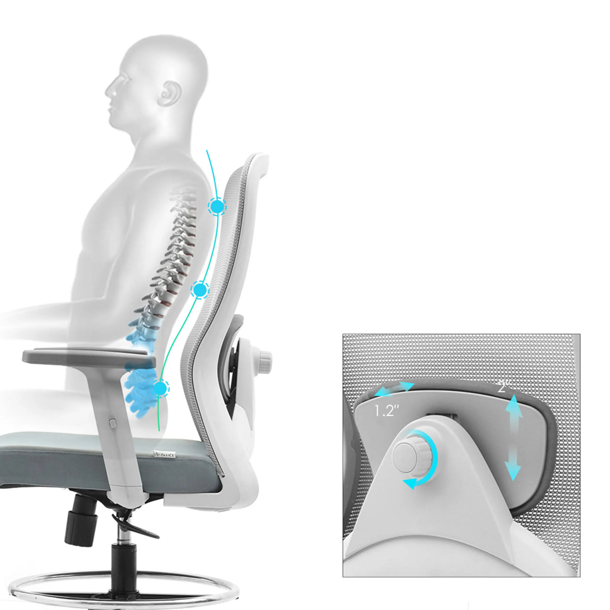 Support lombaire réglable de la Chaise de comptoir Top Work 44 W avec une profondeur de 1,2" de hjh OFFICE