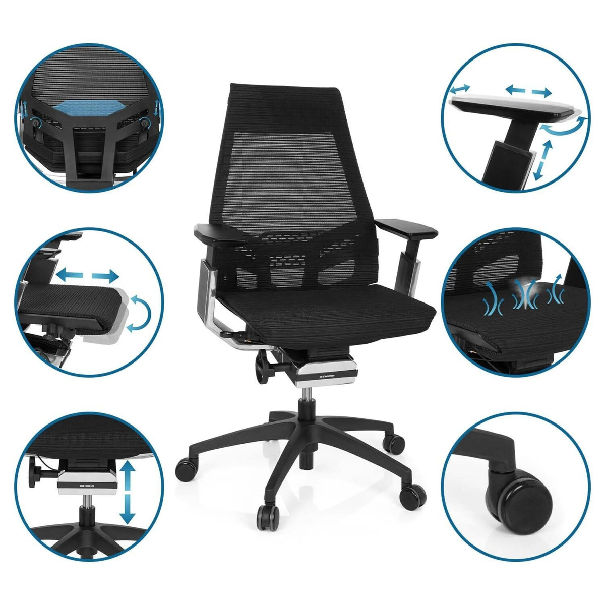 Siège de bureau de qualité professionnelle GENIDIA SMART BLACK CM en noir avec dossier en maille et divers réglages de hjh OFFICE