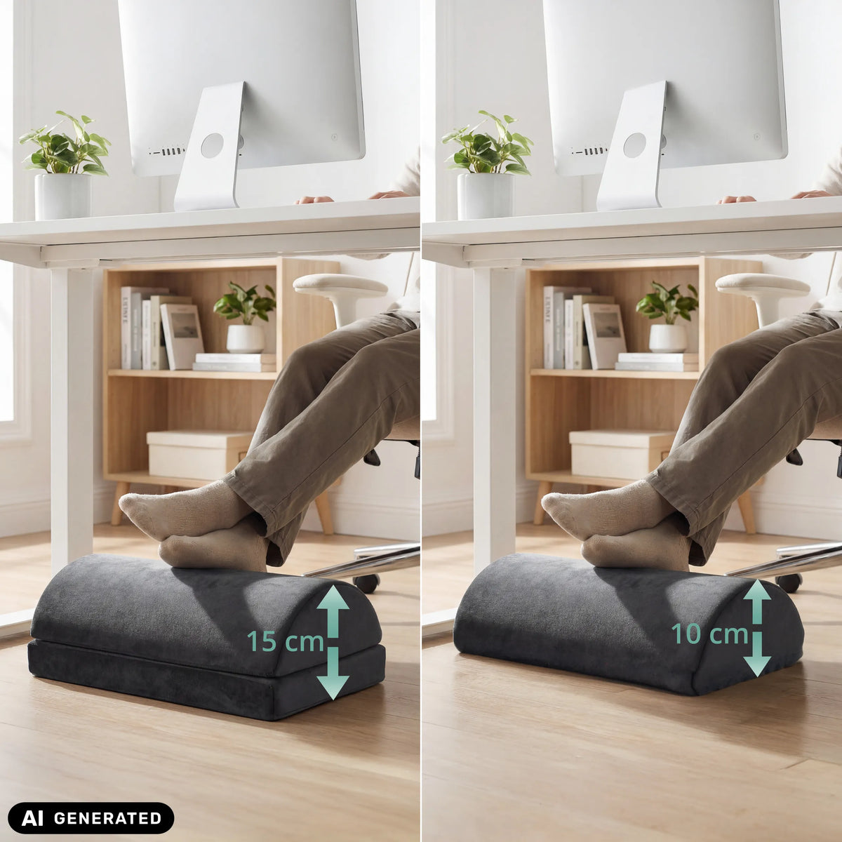 Comparaison de hauteur du repose-pieds Podi Velvet 1 avec 10 cm et 15 cm de hjh OFFICE (image générée par IA)