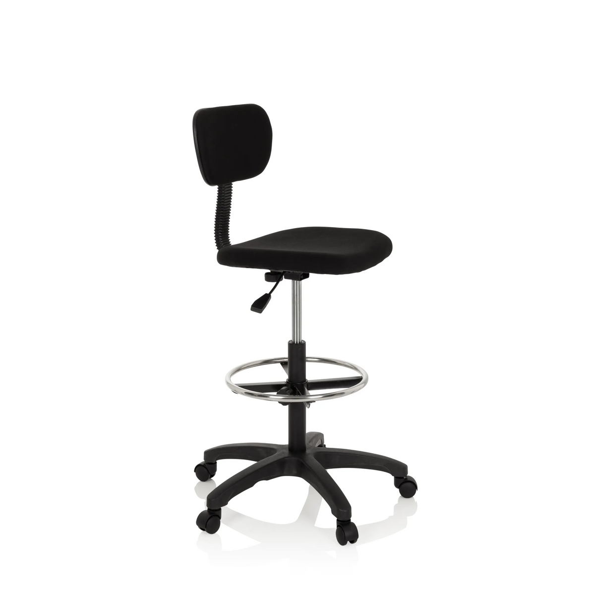 Chaise de comptoir TOP WORK 05 noire avec repose-pieds et piètement à cinq roulettes de hjh OFFICE – vue à 360° (vue de trois quarts avant 60°)