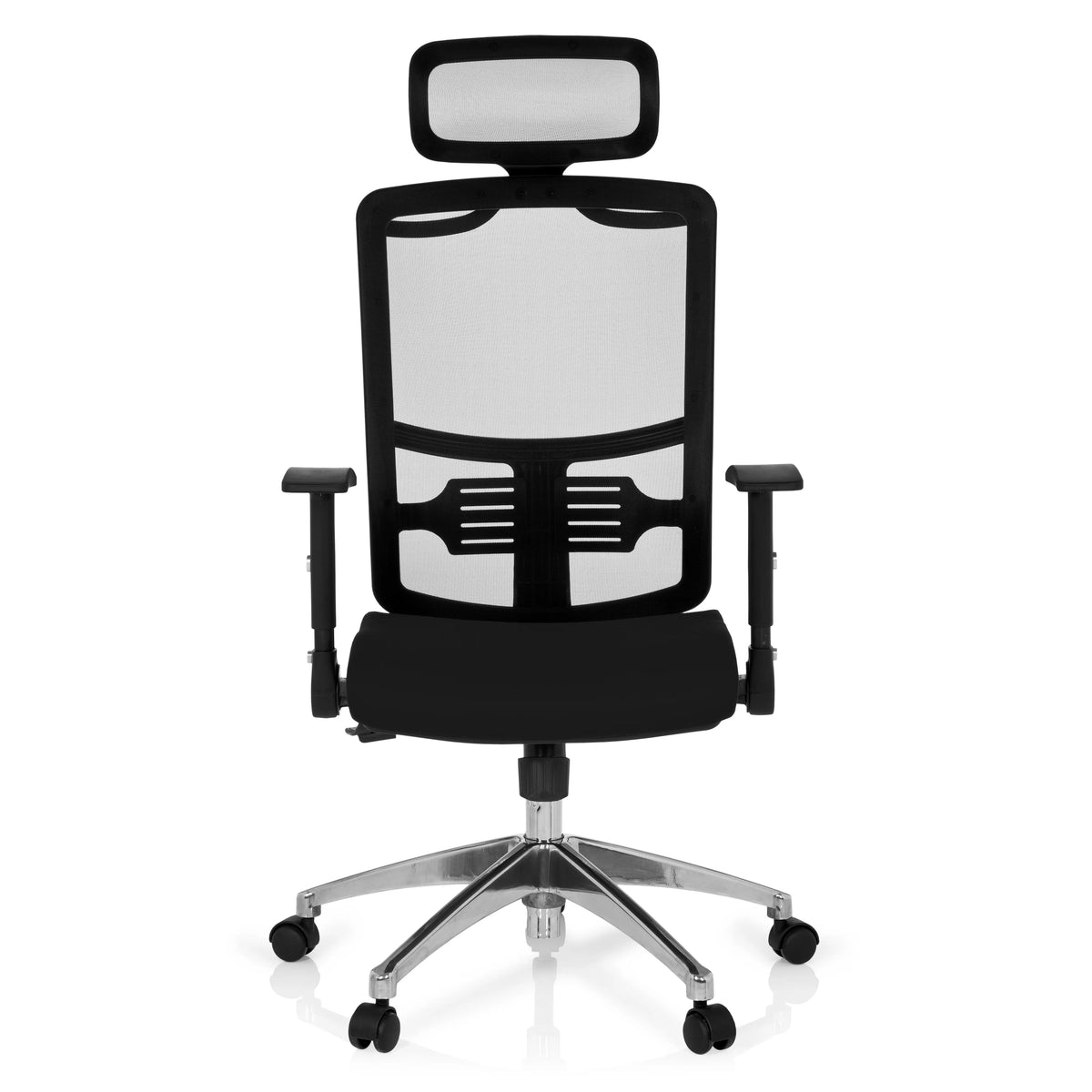 Siège de bureau de qualité professionnelle CAYEN noir, dossier mesh, appuie-tête et base à 5 roulettes de hjh OFFICE – vue à 360° (vue de face 0°)