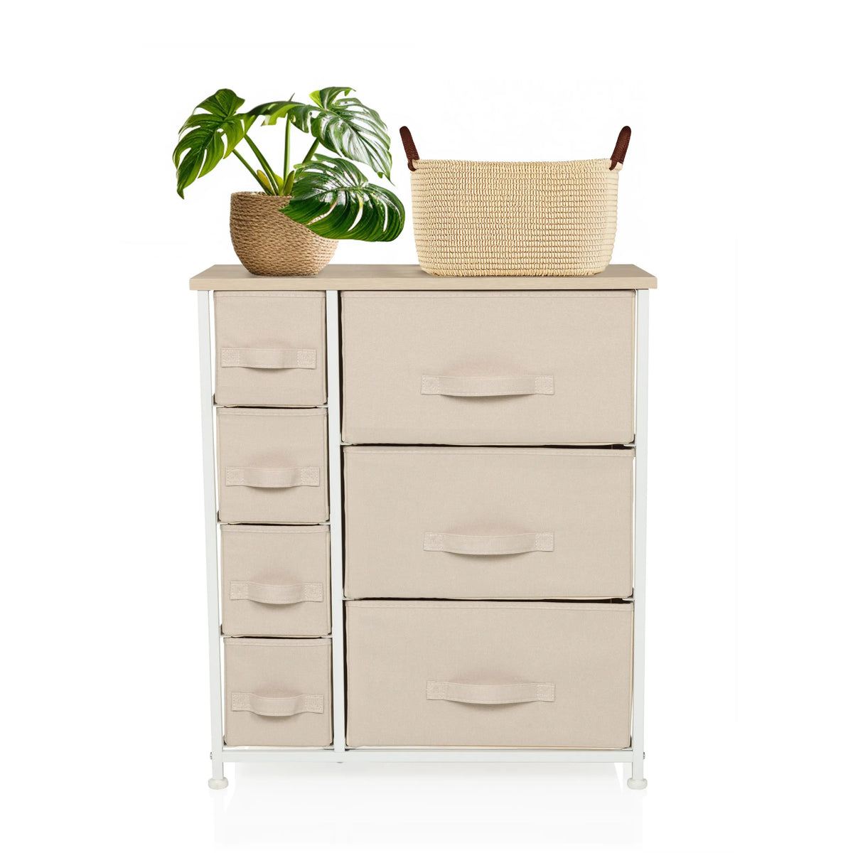 Commode beige FOLDRESS B avec sept tiroirs en tissu et structure blanche de hjh LIVING