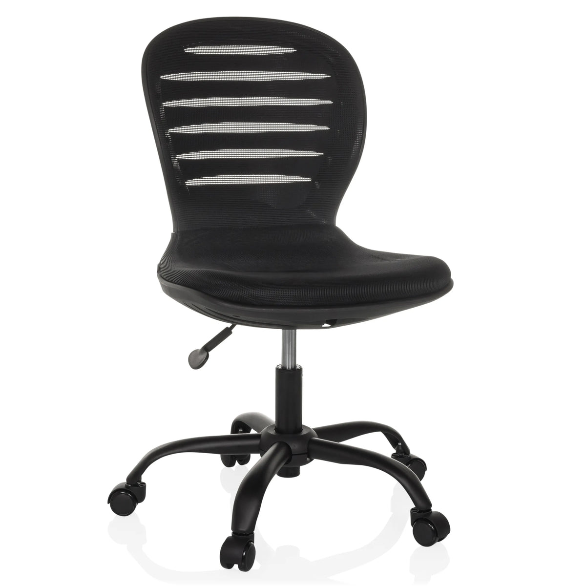Siège de bureau à domicile CASLA noir avec dossier en maille et base à cinq roulettes de hjh OFFICE – vue à 360° (vue de face 15°)