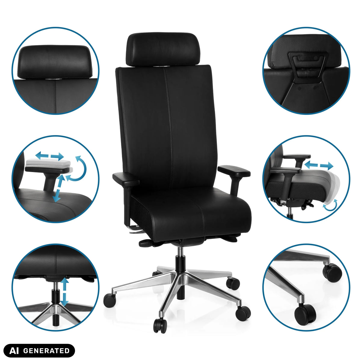 Verstellbare Funktionen des Profi-Bürostuhls PRO-TEC XXL in Schwarz von hjh OFFICE (KI-generiertes Bild)