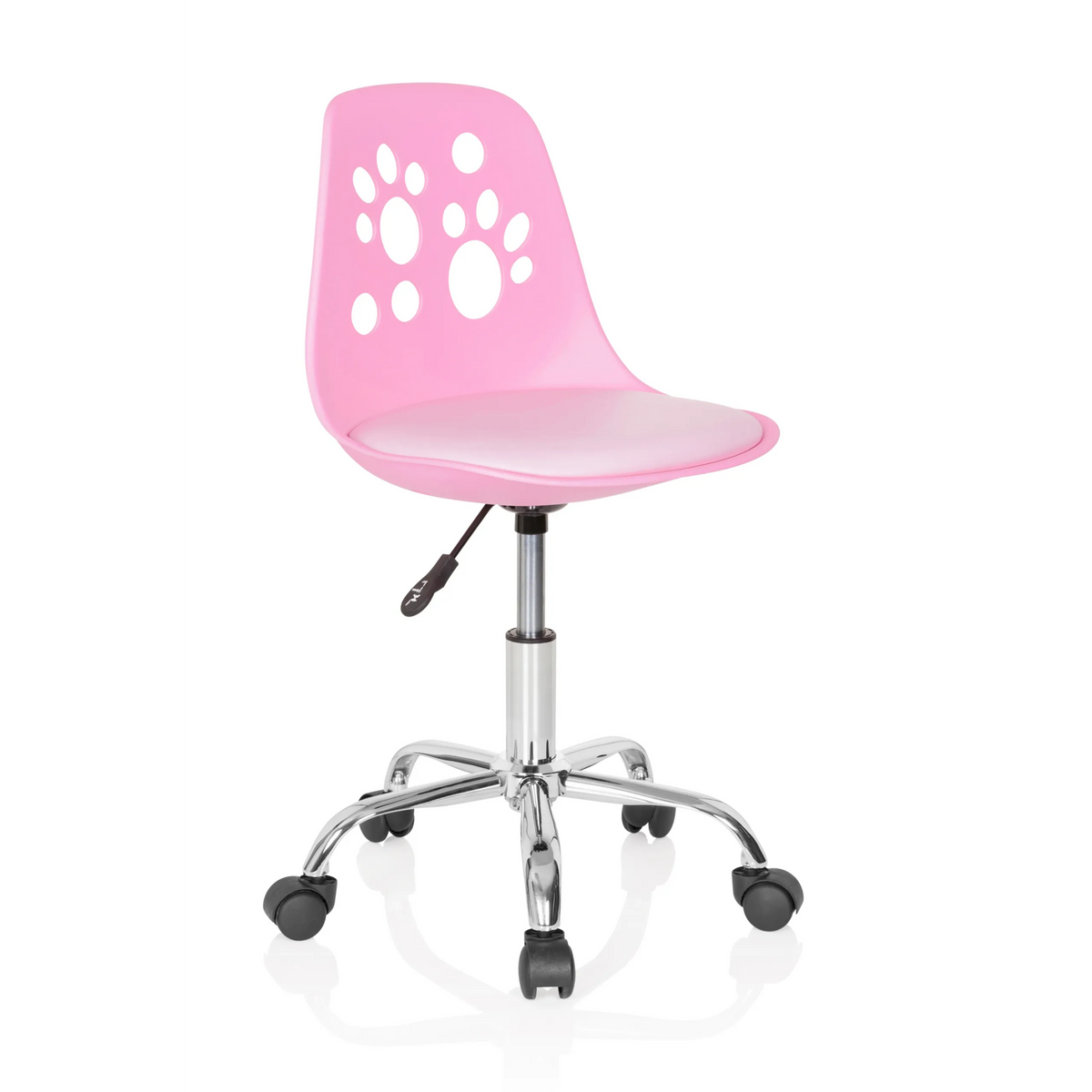 Chaise pivotante pour des enfants FANCY I rose avec motifs de pattes sur le dossier et base à cinq roulettes de hjh OFFICE – vue à 360° (vue de trois quarts avant 40°)
