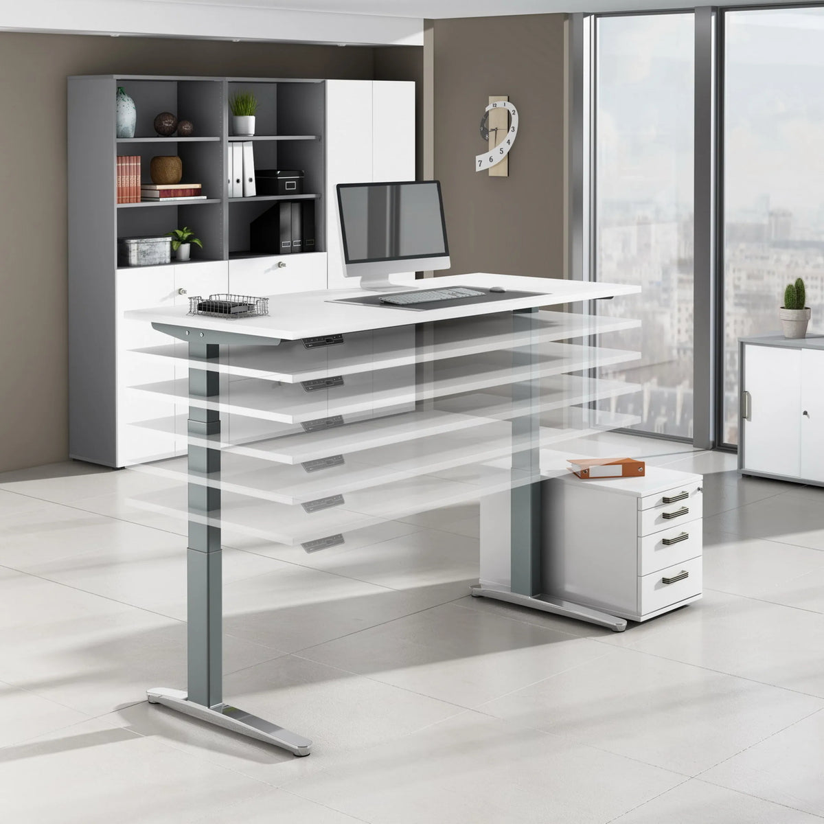 Elektrisch höhenverstellbarer Schreibtisch XBHM 19 GG in Asteiche mit weißer Platte von hjh OFFICE PRO
