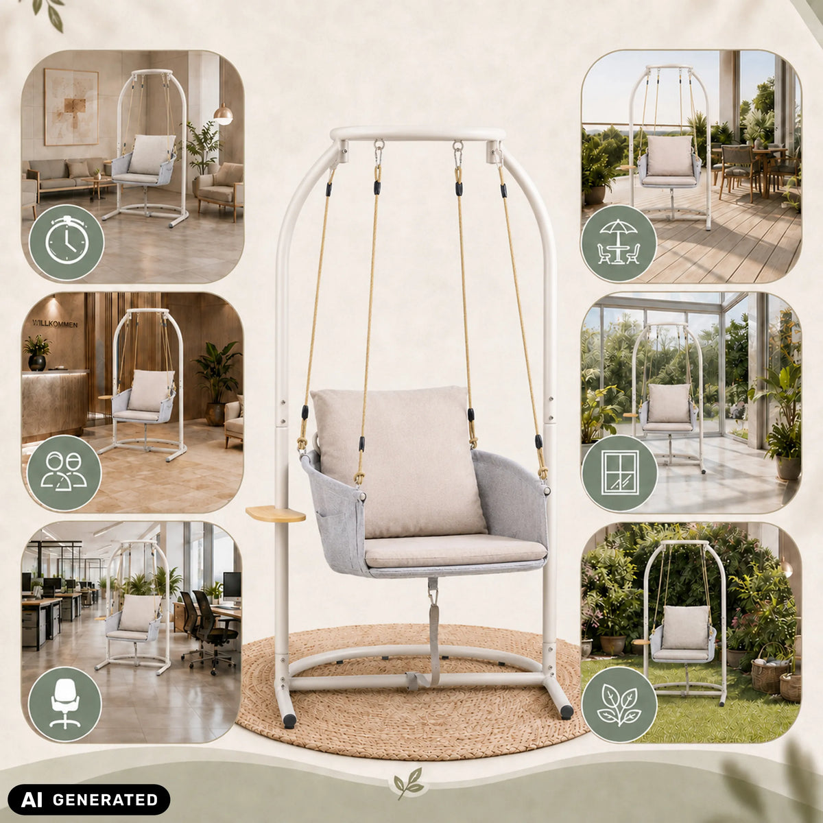 Fauteuil suspendu Skylo beige avec structure blanche et coussin dans diverses pièces de hjh LIVING (image générée par IA)
