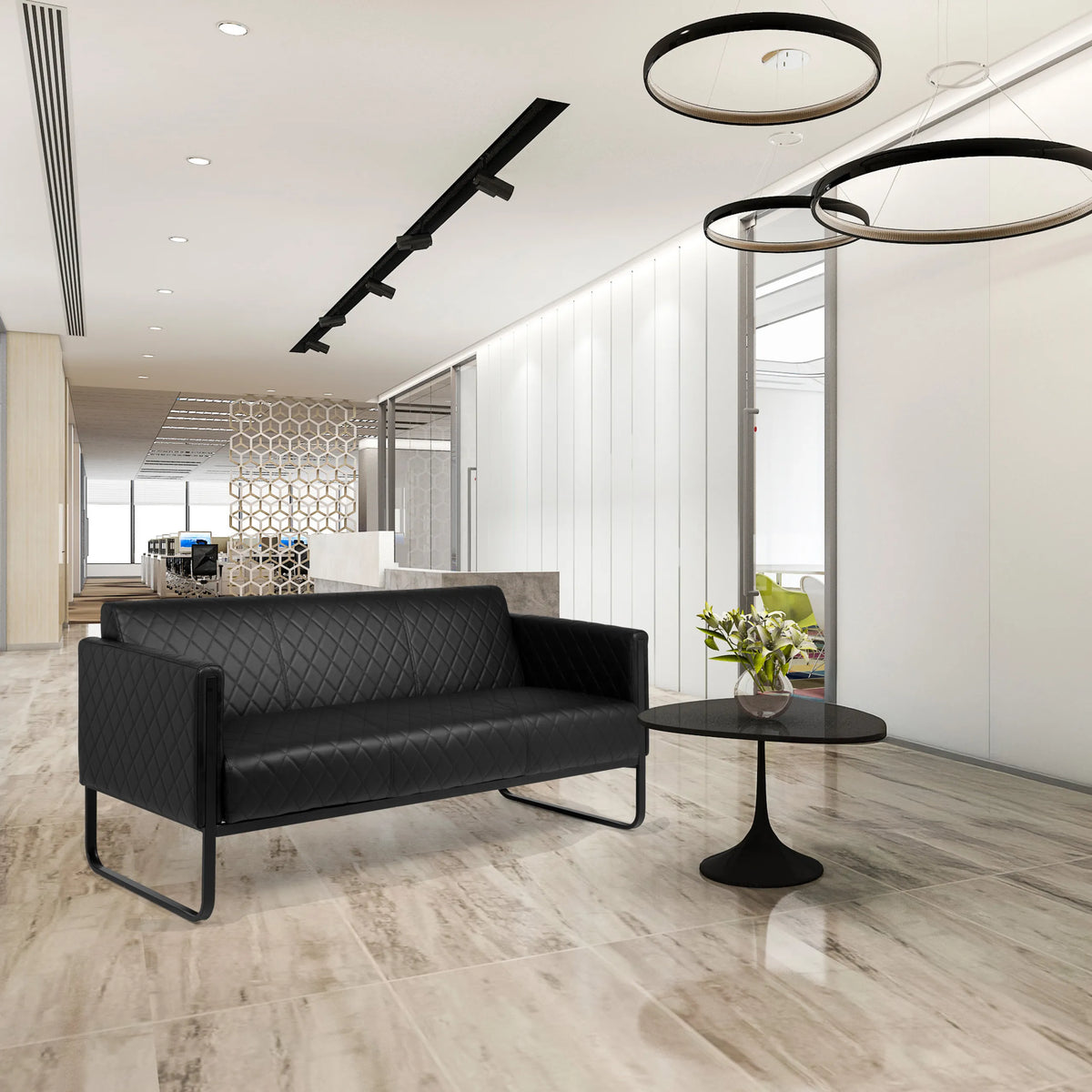 Canapé lounge ARUBA BLACK noir 3 places avec revêtement capitonné et pieds fins en métal de hjh OFFICE