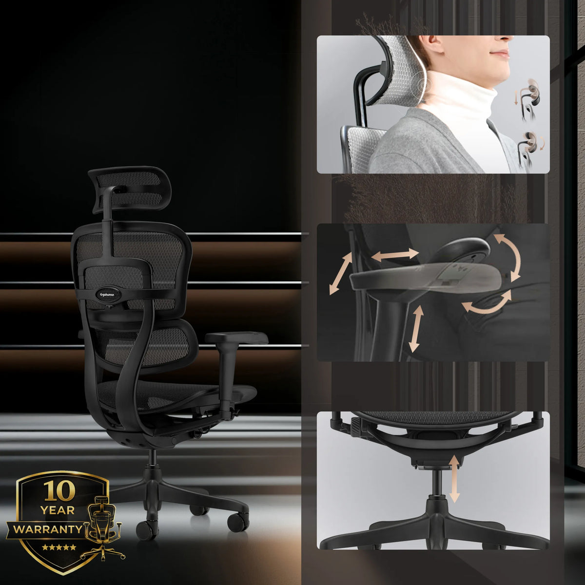 Appui-tête, accoudoirs et hauteur d'assise réglables du siège de direction de luxe ERGOHUMAN SIGNATURE GEN2 en noir de hjh OFFICE