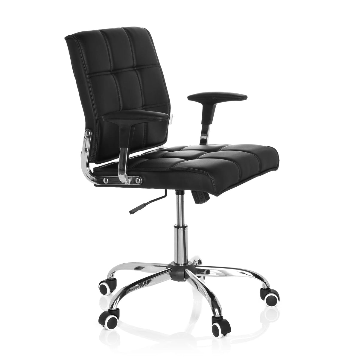 Siège de bureau à domicile ERNESTO noir avec rembourrage capitonné et base à cinq roulettes de hjh OFFICE – vue à 360° (vue de trois quarts avant 60°)