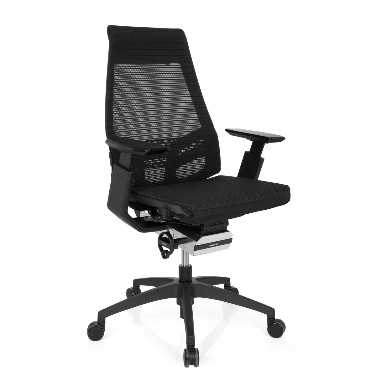 Siège de bureau de qualité professionnelle GENIDIA SMART BLACK noir, dossier maille et base à 5 roulettes de hjh OFFICE – vue à 360° (vue de trois quarts avant 40°)