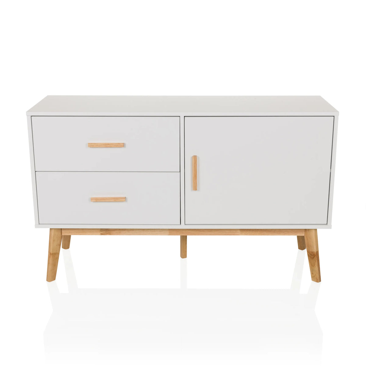 Weißes Sideboard TAROLO mit zwei Schubladen, einer Tür und Holzbeinen von hjh LIVING – 360-Grad-Ansicht (Frontansicht 0°)