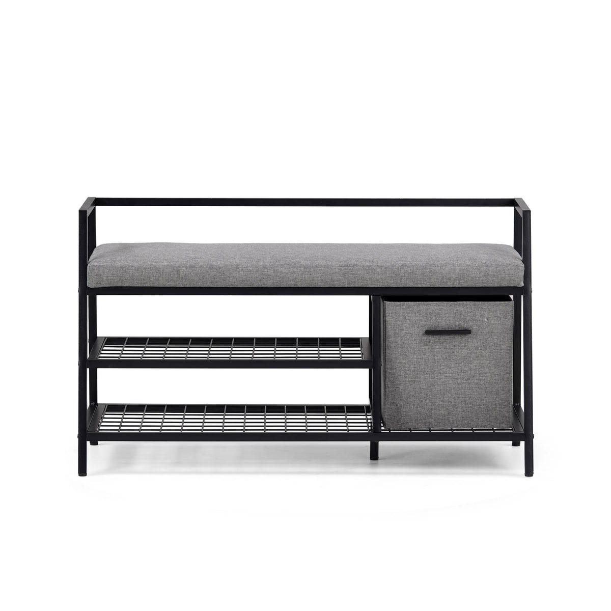 Armoire à chaussures Estha Loft noir et gris avec coussin d'assise, deux étagères et un bac en tissu de hjh LIVING – vue à 360° (vue de face 0°)