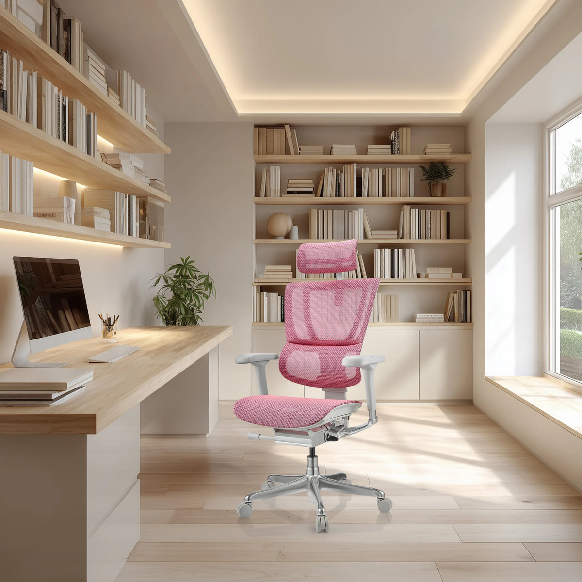 Siège de direction de luxe rose ERGOHUMAN SLIM G GEN2 avec dossier en maille dans un bureau lumineux de hjh OFFICE (image générée par IA)